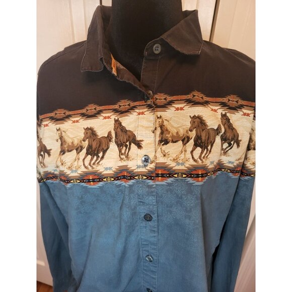 Women's Bit and Bridle Blue/Black Horse Print Button Up XL Western Cowgirl Rodeo - Picture 8 of 9
